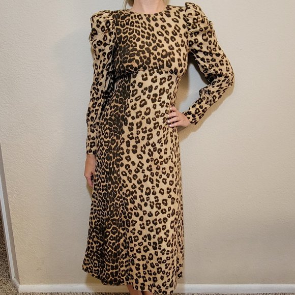 Zara Dresses & Skirts - Zara Maxi Dress Small Animal Print Cheetah Black Beige Long Puffy Sleeves Womens